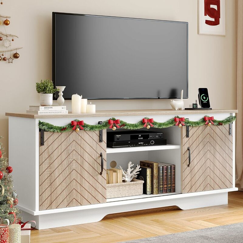 Farmhouse TV Stand for 65 60 Inch TV, Rustic Entertainment Center with Sliding Barn Door, Adjustable Shelves