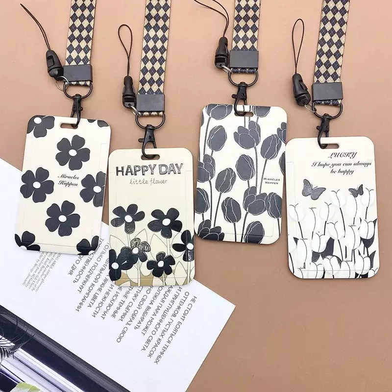 1 Pcs Simple And Fresh Flower Student Card Bus Access Protection Card Holder ABS Plastic Neck Rope Card Cover