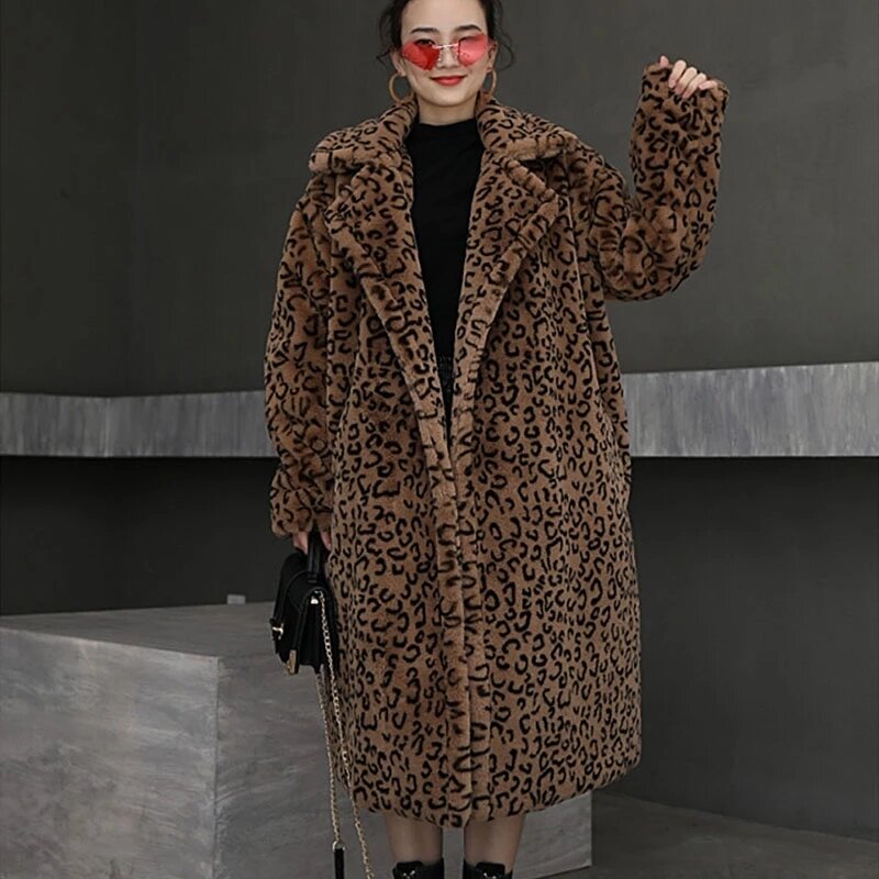 Casaco de pelúcia longo de leopardo feminino, outwear inverno, jaqueta casual solta, gola feminina, jaqueta de pele de coelho, 1,7 kg-1,9 kg