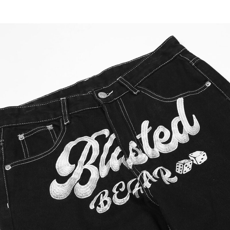 Jeans americanos bordados com emenda em letras, calças retas soltas, calças casuais para homens, roupa de rua, tendência INS, 2024