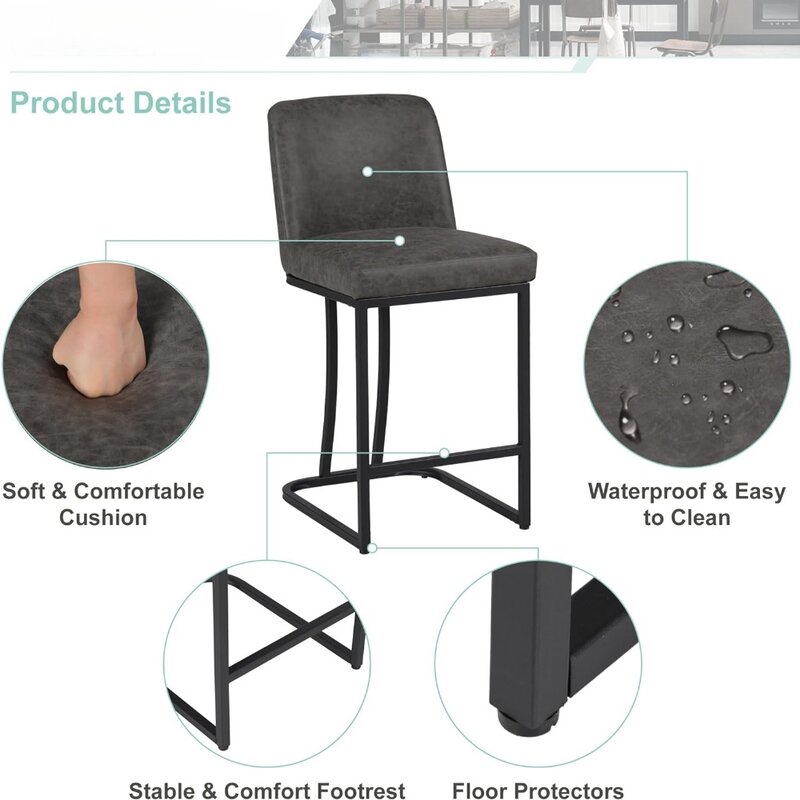 Bangku Bar bangku Bar dengan Set belakang 2 untuk meja dapur 24 inci kursi lapis kulit imitasi rumah pertanian Modern