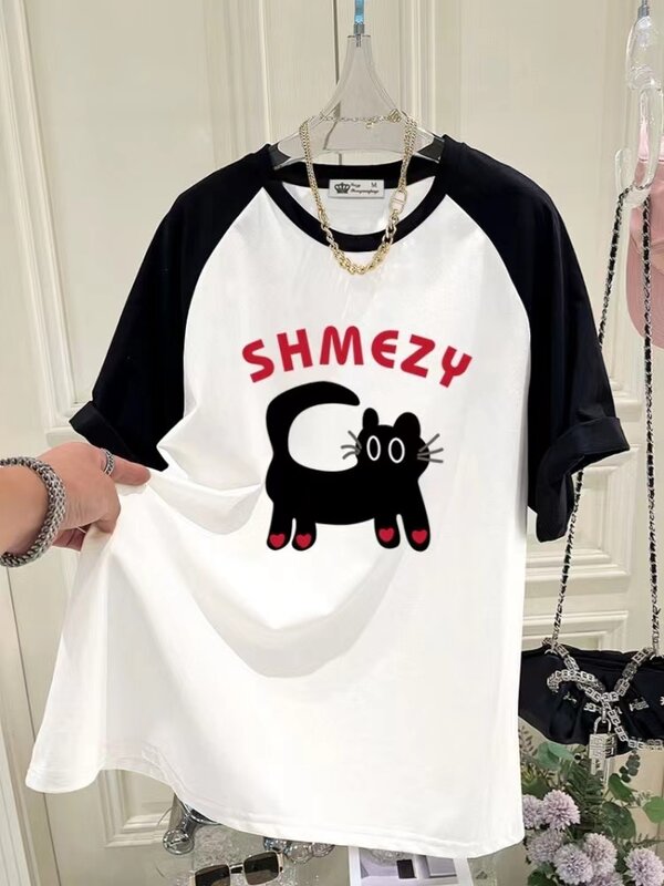 Hot 2024 Summer Cute Cat Cartoon Print Pure Cotton Short Sleeve Women T-shirts Tops Outdoor Casual Travel 6 Colors