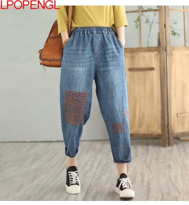 Fashion celana Harem kasual wanita, celana Jeans longgar pinggang elastis bordir penuh warna Denim musim panas wanita