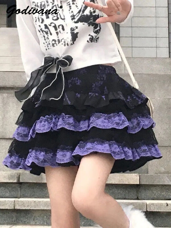 กระโปรงย้อนยุค cewek seksi Y2k วัฒนธรรมญี่ปุ่นแฟชั่นใหม่เสื้อผ้าหน้าร้อนพังค์ฮาราจูกุลูกไม้ขอบอารมณ์เค้กกระโปรงฟอง