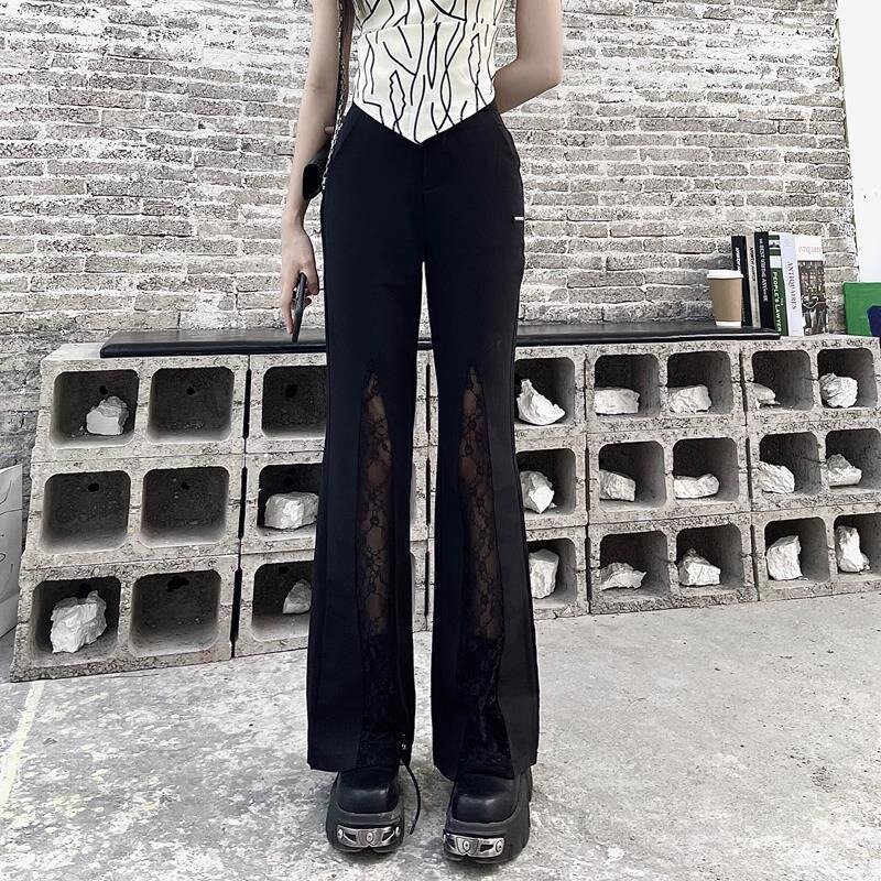 Deeptown-Calças largas femininas de renda, calças pretas vintage, streetwear reto, patchwork gótico, moda coreana, coquette Y2k