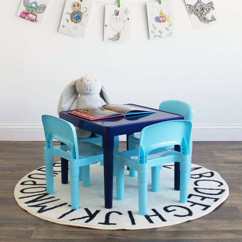 BOUSSAC Kids Lightweight Plastic Table And 4 Chairs Set, Square, Multi-Blue