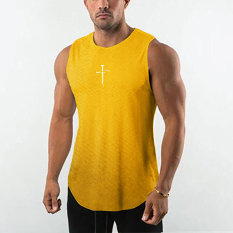 Men's New Brand O-neck Mesh Quick-drying Summer Gym Sports Bodybuilding Fitness Workout Printed Sleeveless Shirt