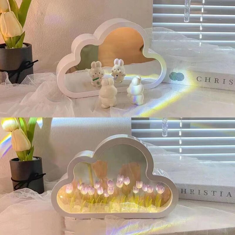 Cloud Tulip Lamp Mini Garden Night Led Light Makeup Mirror Decoration Bedside Desktop Ornament Birthday Gift For Girls 20x13x4cm