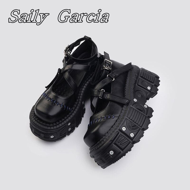 Sandália de fundo grosso micorfibra preta, cinta de couro, cinto cruzado plataforma sapatos, estilo punk metal oco, novo, verão