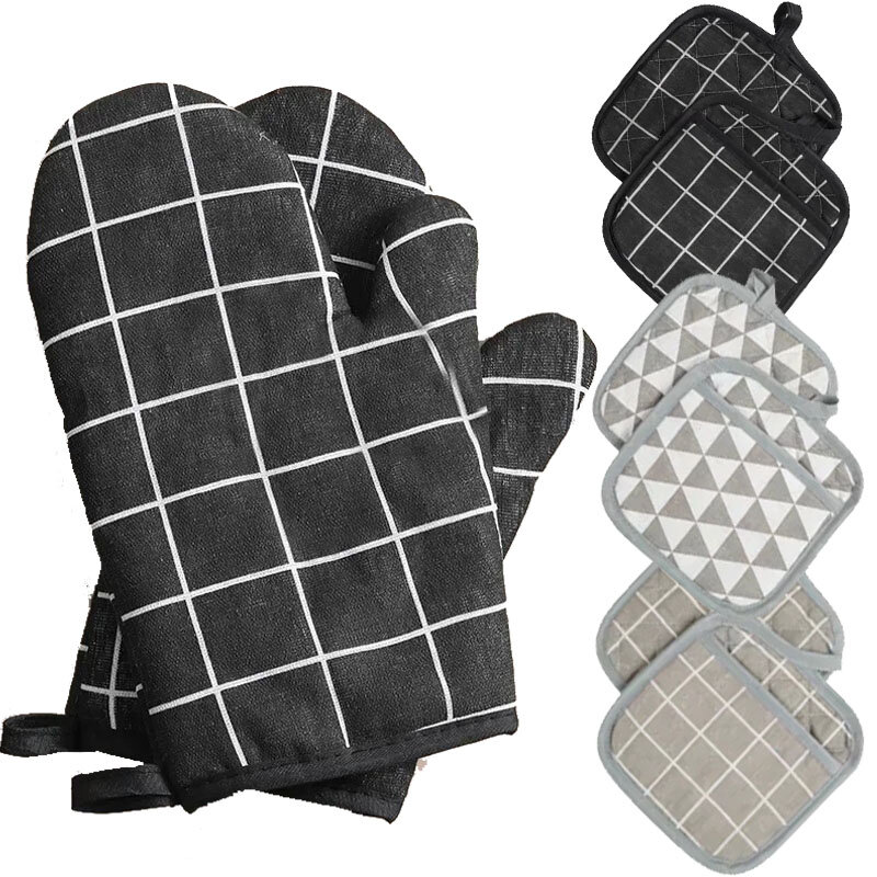2pcs Kitchen Potholders Pad  and Stove Oven Gloves Set Mitts Heat Resistant Thermal Anti-heat Take Hot Pot Cooking Baking Gloves