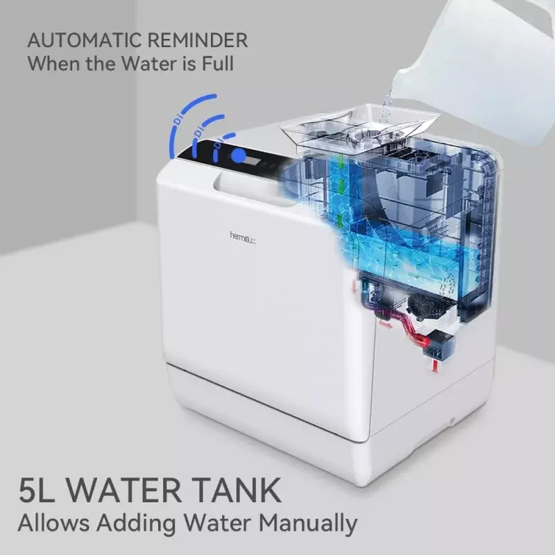 Hermitlux meja mesin cuci piring, 5 program cuci piring portabel dengan tangki air bawaan 5 Liter, tidak perlu sambungan