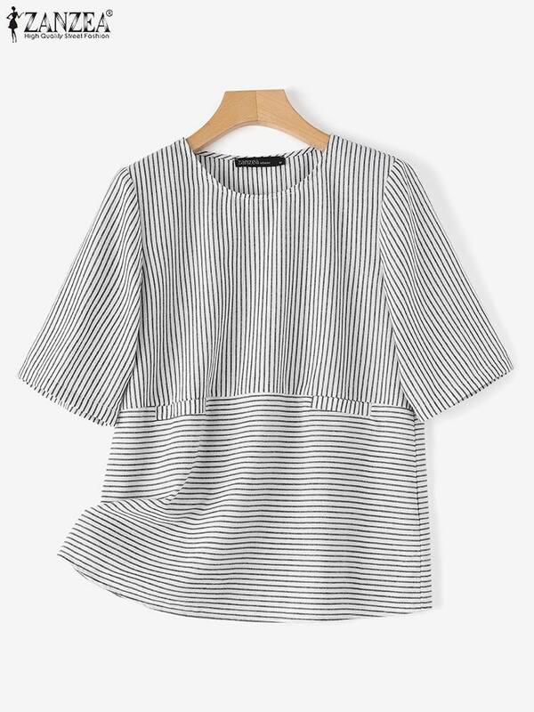 ZANZEA-Blusa de manga corta a rayas para mujer, camisa informal holgada de gran tamaño con cuello redondo, para oficina, verano, 2024