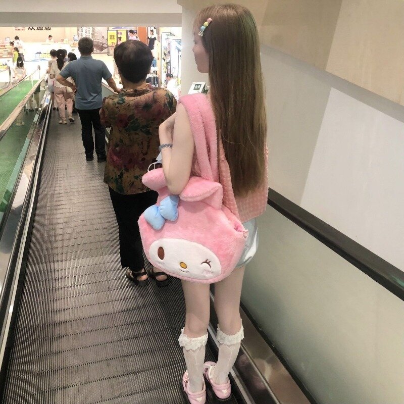 MBTI Y2k Melody Womens Shoulder Bag Plush Fluffy Cute Cartoon Original College Style Pink Backpack Casual Japanese Fashion Bag