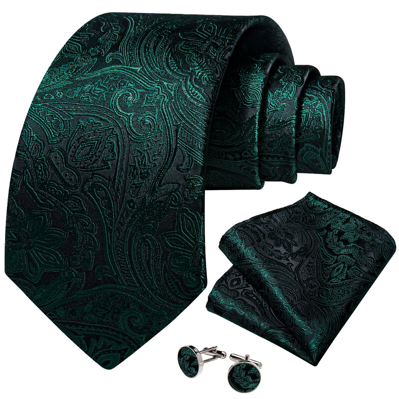Elegant Green Paisley Silk Ties for Men Wedding Party Formal Solid Necktie Handkerchief Cufflinks Men Accessories Gift Wholesale