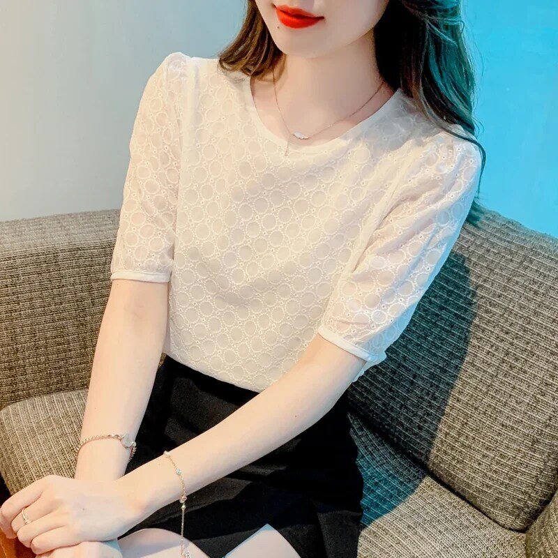 Women Summer Short Sleeve Tops Fashion Chiffon Blouse Embroidery Shirt New Round Collar Puff Sleeve Loose Clothing Blusas 27327