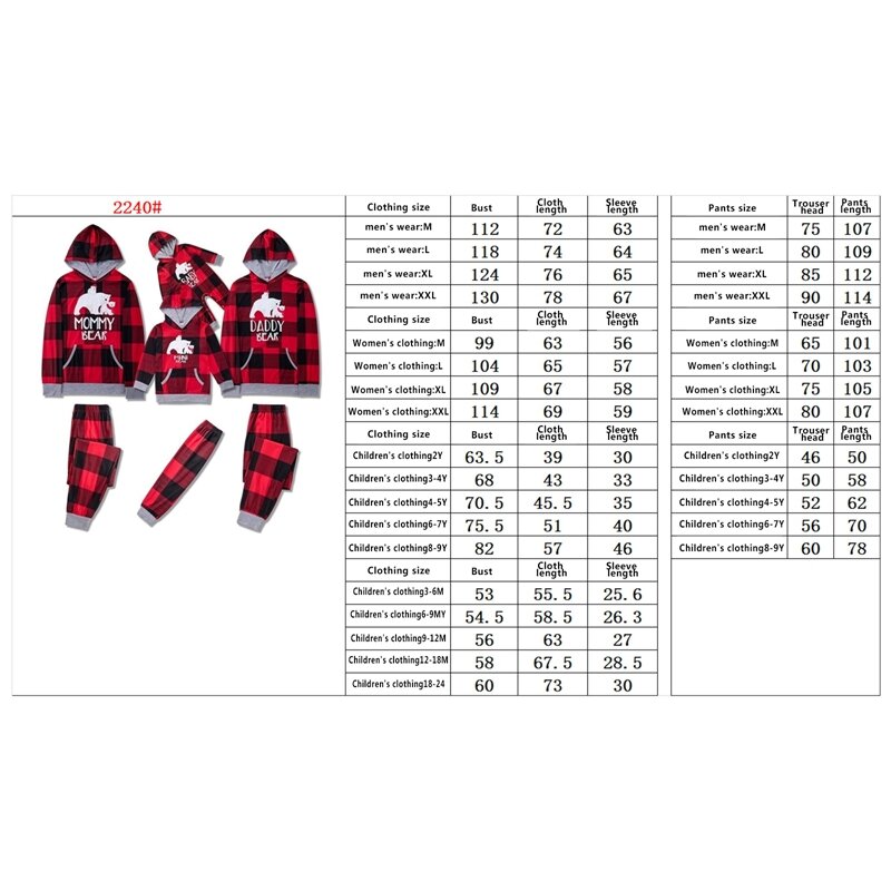 Christmas Family Matching Tracksuits Adult Kids Bear Print Plaid Pullover Hoodie Sweatshirt and Casual Sweatpants