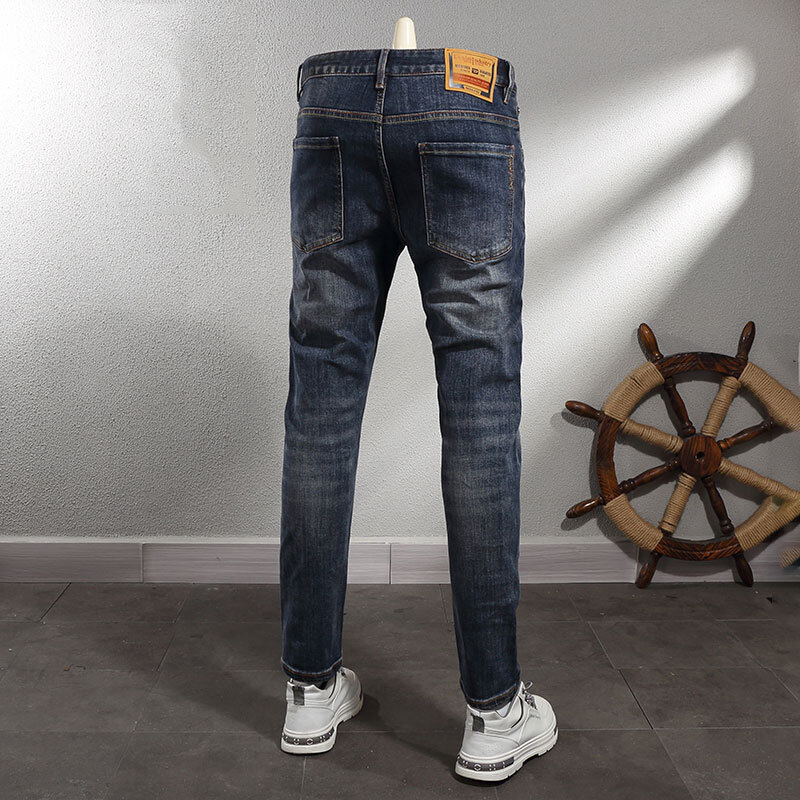 Calça jeans vintage de elástico slim fit masculina, calça jeans casual da moda, estilista retrô, preta e azul, de alta qualidade