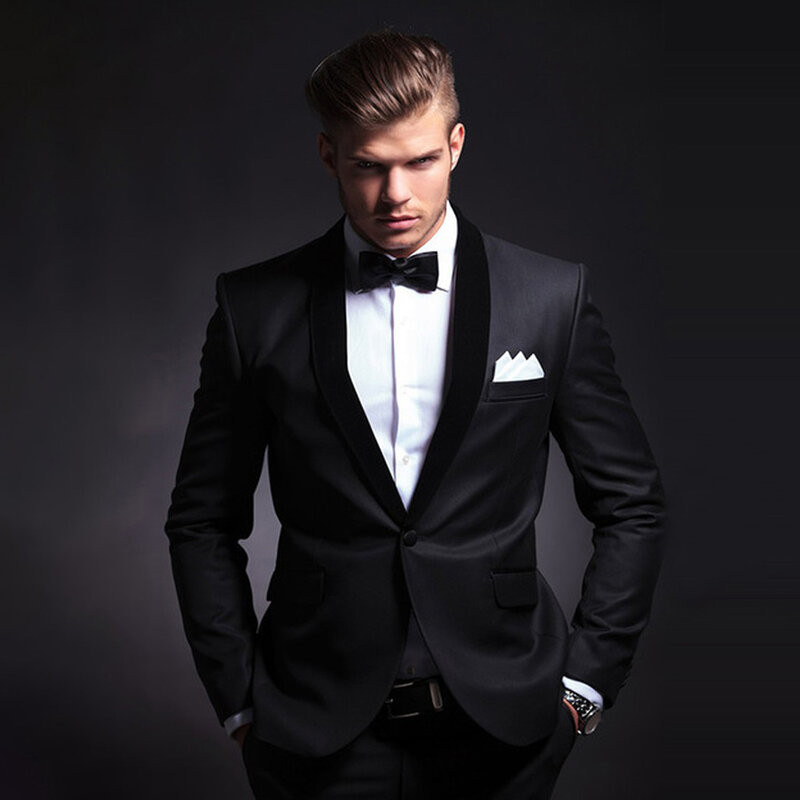 Setelan jas Formal untuk pria, setelan jas Formal bisnis pernikahan berkancing tunggal, Blazer Lapel syal hitam modis 2 potong (jaket + celana) untuk pria