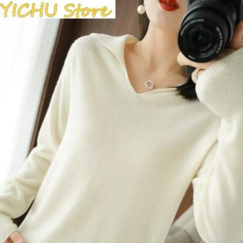 New pure wool cashmere sweater women's V-neck pullover autumn winter casual knit tops long-sleeved warm jacket