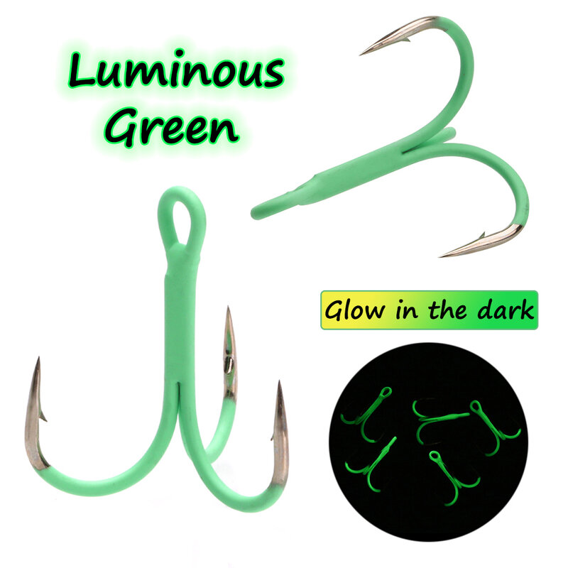 Linoriver 5PCS 14#-3/0 Round Bent Inline Treble Hooks Fishing Lure Bait Triple Hook Luminous Green / UV Pink Orange Chartreuse