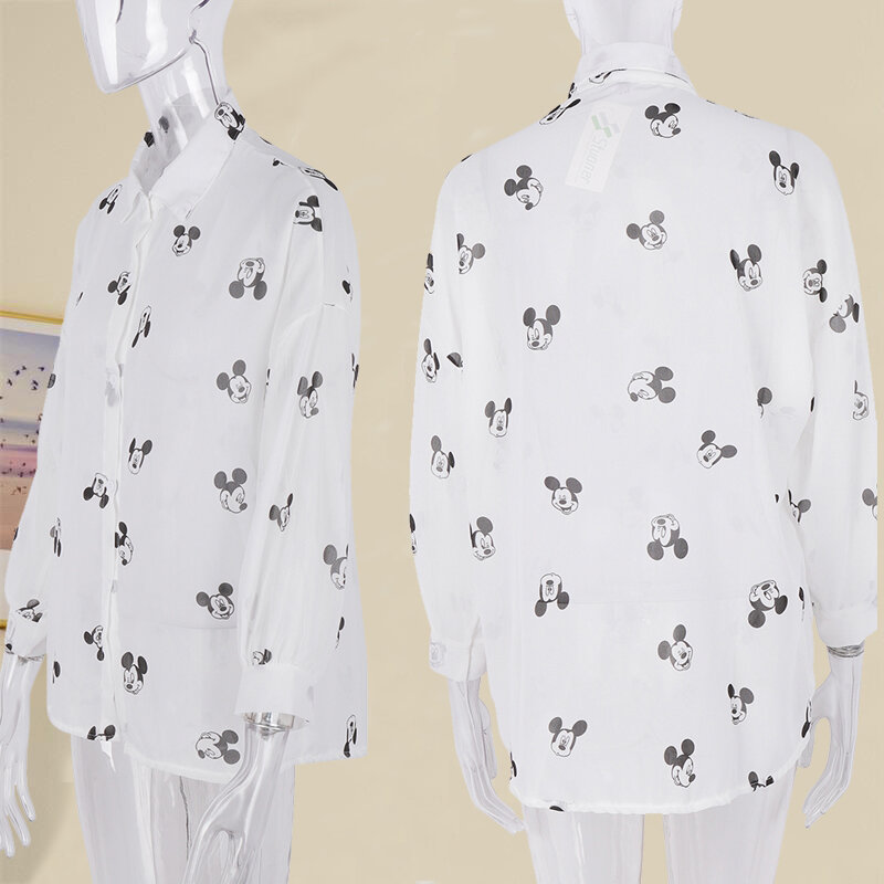 Mickey Mouse Blouse Ladies Long Sleeve Women Shirt Beach Shirts Kawaii Cartoon Summer Disney Clothes Cover-Up Top Casual