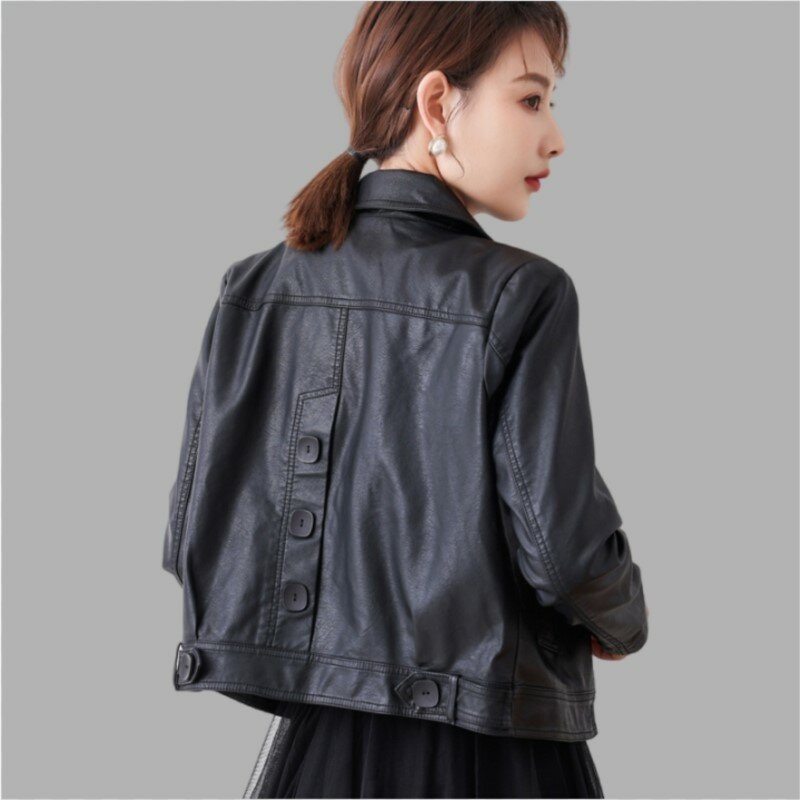 Women's Korean Slim Fit PU Leather Jacket Spring Short Lapel Coat Lady Windproof Motorcycle Outwear Casual Single Breasted Top