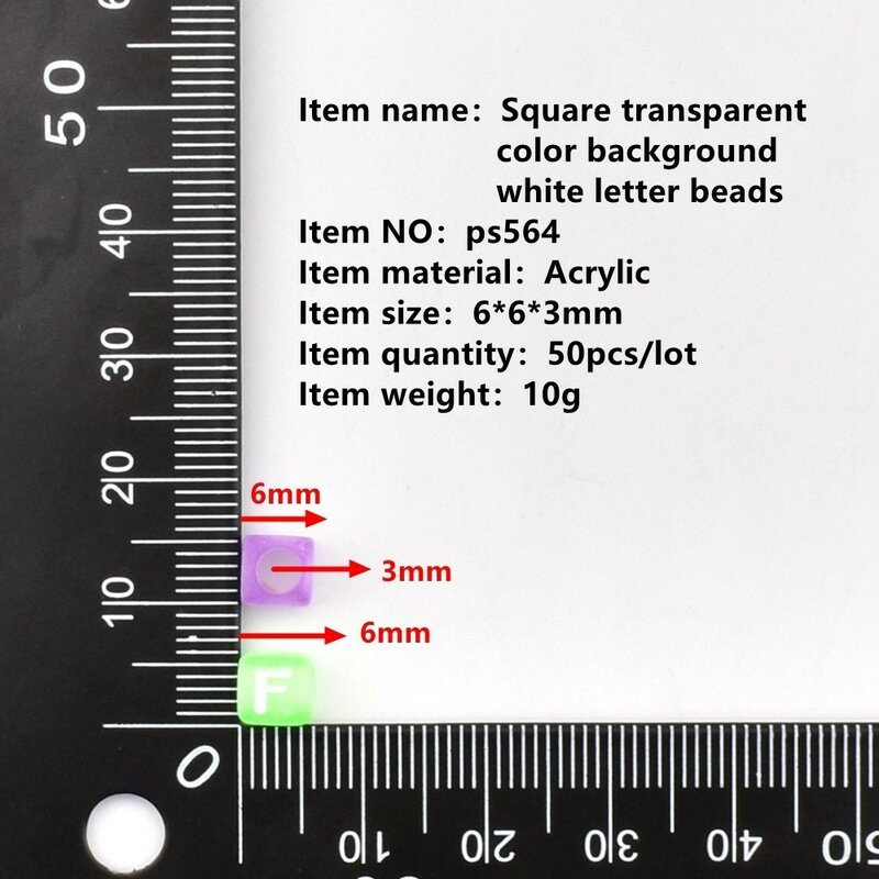 50ชิ้น/ล็อต6*6*3มิลลิเมตรแฮนด์เมดลูกปัดอะคริลิคลูกปัดสี่เหลี่ยมโปร่งใสพื้นหลังสีขาวตัวอักษรสำหรับทำเครื่องประดับ