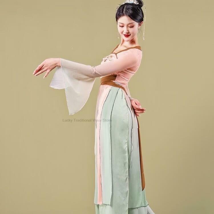 Gaun kain kasa dansa klasik wanita, setelan gaun pertunjukan peri mengalir warna bertahap, gaun dansa tradisional latihan gaya China