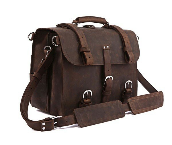 Maleta de couro genuíno vintage para homens, grande bolsa de negócios masculino 15,6 "laptop, bolsa de ombro do escritório, nova