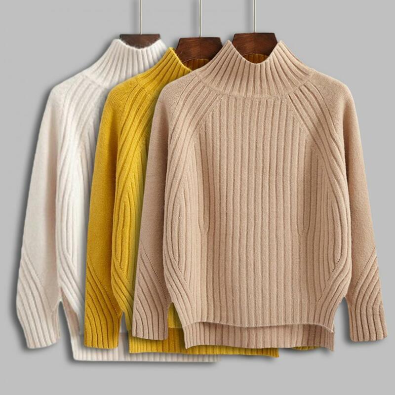 Sweater rajut nyaman wanita, Sweater rajutan kerah setengah tinggi longgar, Hem musim dingin untuk kehangatan untuk wanita