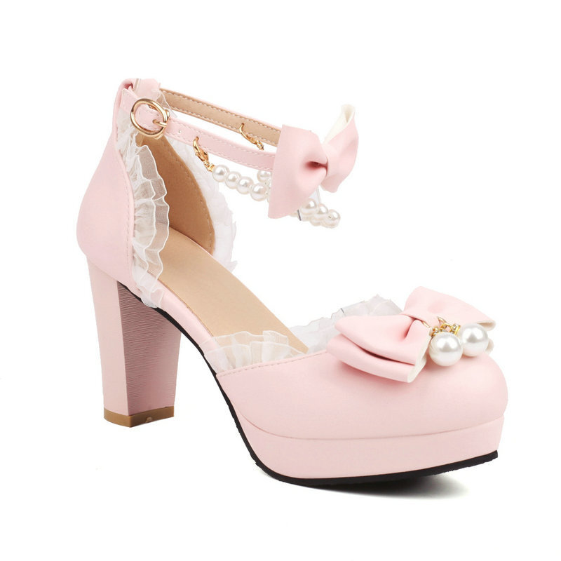 Girls' Leather Shoes Summer 2023 Ladies Heels Cute Bow Lace Princess Mary Jane Lolita Shoes Party High Heels Women Pumps 30-43