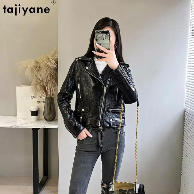 Tajiyane prawdziwa skórzana kurtka damska prawdziwa kurtka z owczej skóry 2023 koreańska moda krótka, Slim skórzane kurtki damskie czarne kurtki dla motocyklistów