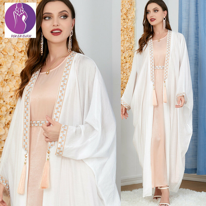 ROKEN EVAN 2022ฤดูใบไม้ร่วงมุสลิมอาหรับชุดริบบิ้นเสื้อชุดยาวชุดงานแต่งงาน Abaya ชุดยาวเดรสเสื้อระบายสีขาว
