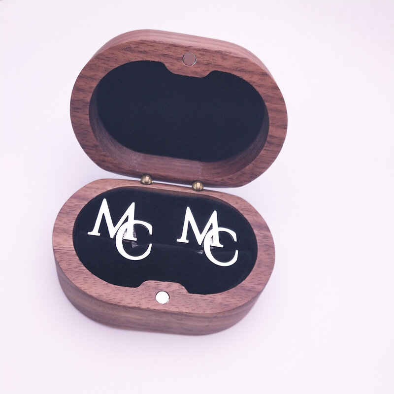Tangula gemelos personalizados para novio, gemelos con iniciales de acero inoxidable, caja de regalo de roble Wish, regalo de joyería para novio de boda