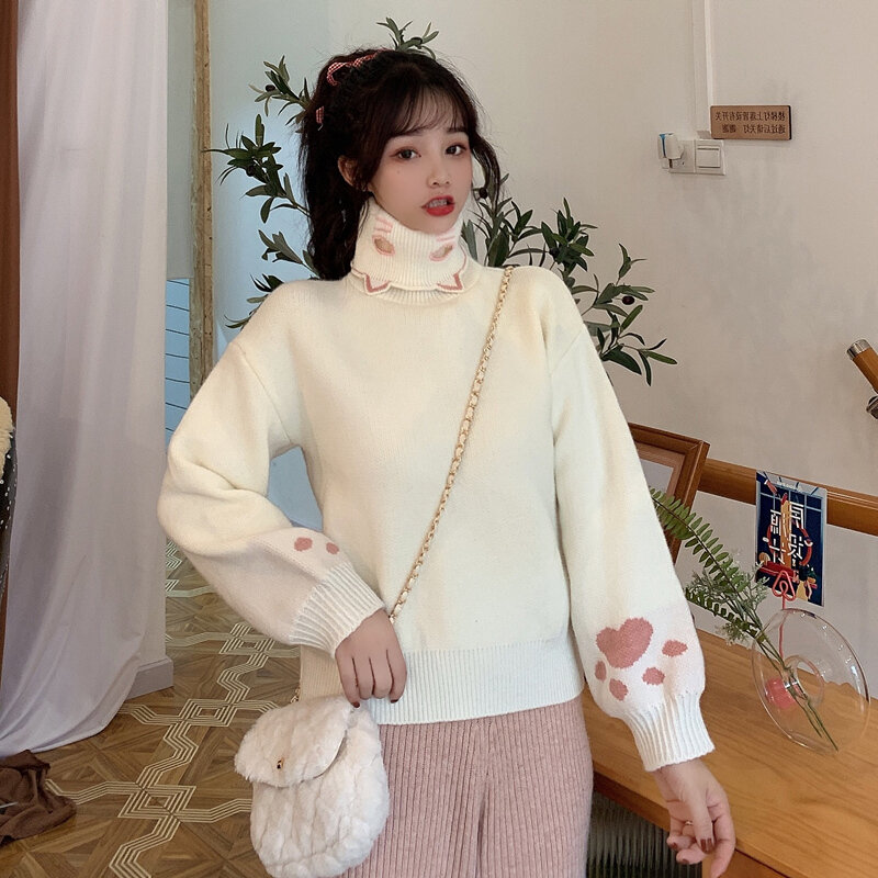 Свитер женский с вышивкой в виде кота Лолиты, свободный трикотажный пиджак в японском стиле ольччан, милый пуловер в стиле Харадзюку
