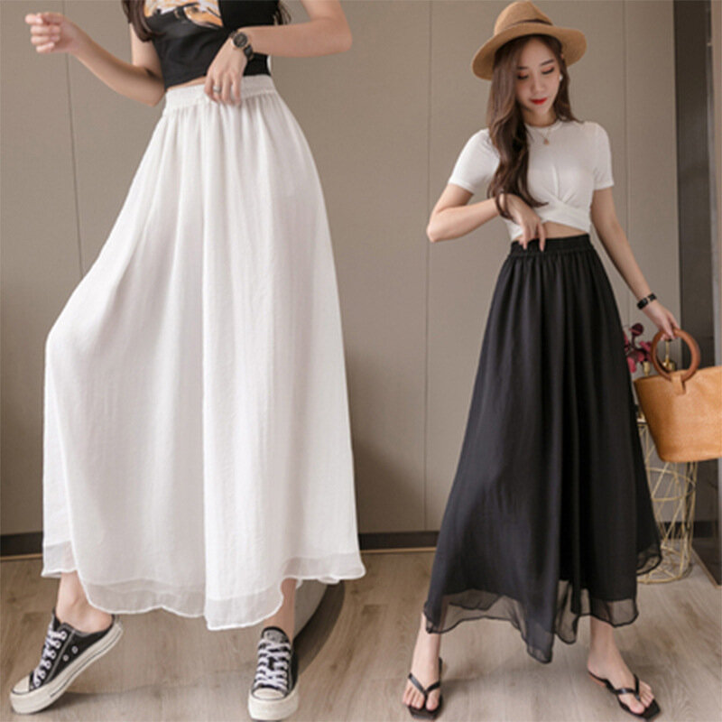 Double Layer Chiffon Wide Leg Pants for Women's Summer New Elastic Waist Casual Loose and Slimming Cropped Pants Trousers