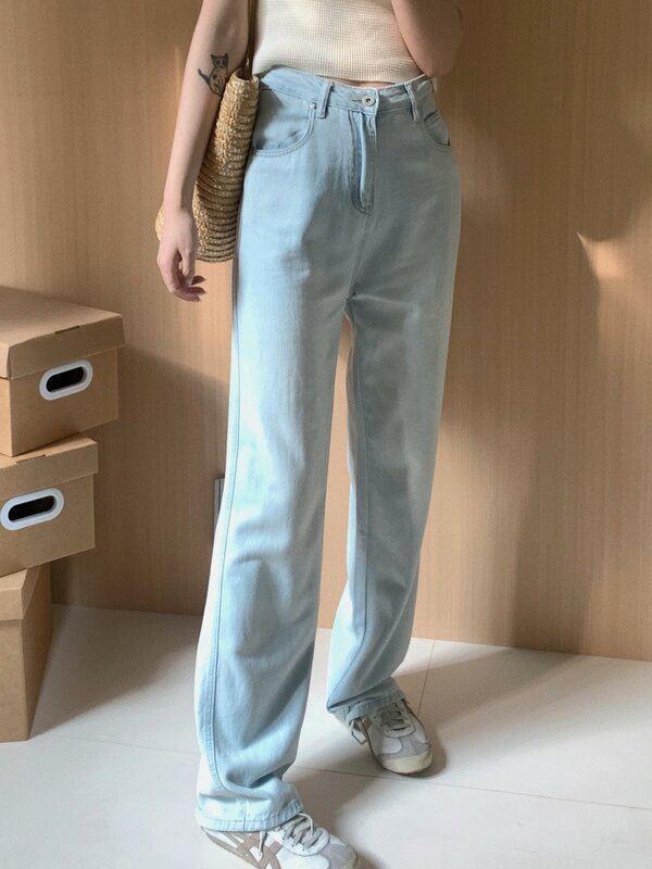ZHISILAO Light Blue High Waist Straight Jeans Women Vintage Wide Leg Full Length Denim Pants Spring Summer 2024