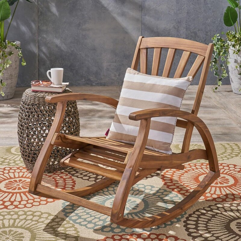 Outdoor Acacia Wood Rocking Chair with Footrest, Teak Finish WEATHER RESISTANT  RETRACTABLE FOOTREST