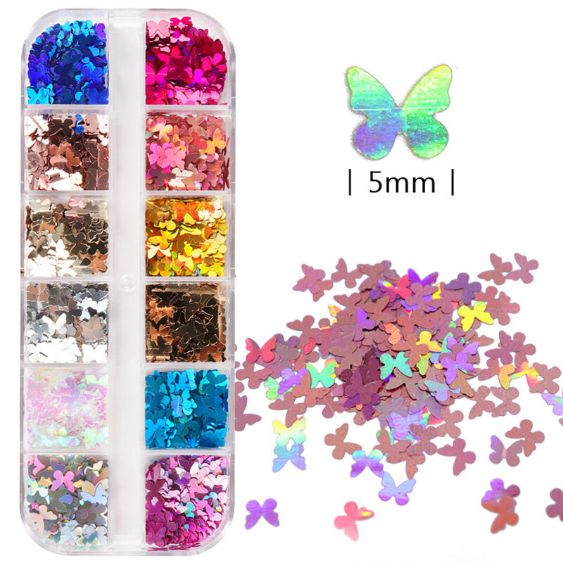 Caja de 12 rejillas holográficas para decoración de uñas, adornos de lentejuelas, mariposas láser, copos de purpurina, suministros para uñas DIY para profesionales