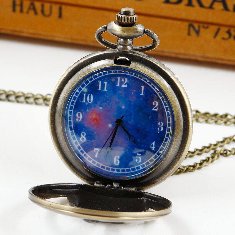 Hot Selling Classic Movie Planet Blue Bronze Quartz Pocket FOB Watch Skeleton Chain Clock Pocket Watches for Men Women Fans