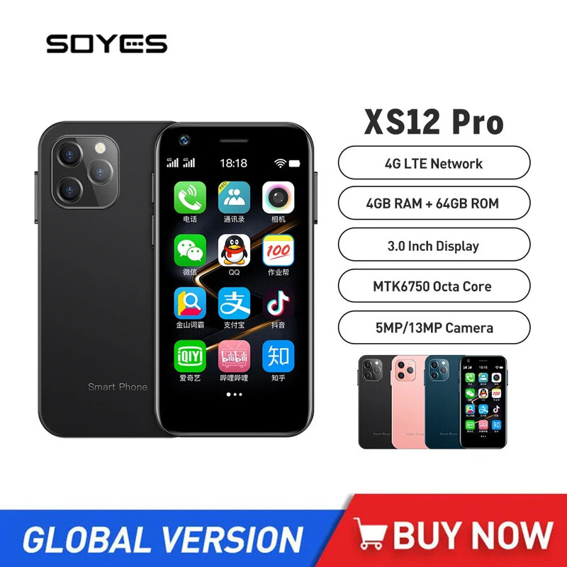 SOYES-XS12 PRO Smartphone pequeno, Android 10.0, Analógico duplo, 4GB de RAM, 64GB ROM, Wi-Fi, Bluetooth, OTG, FM, Hotspot, GPS, Mini 4G Celular