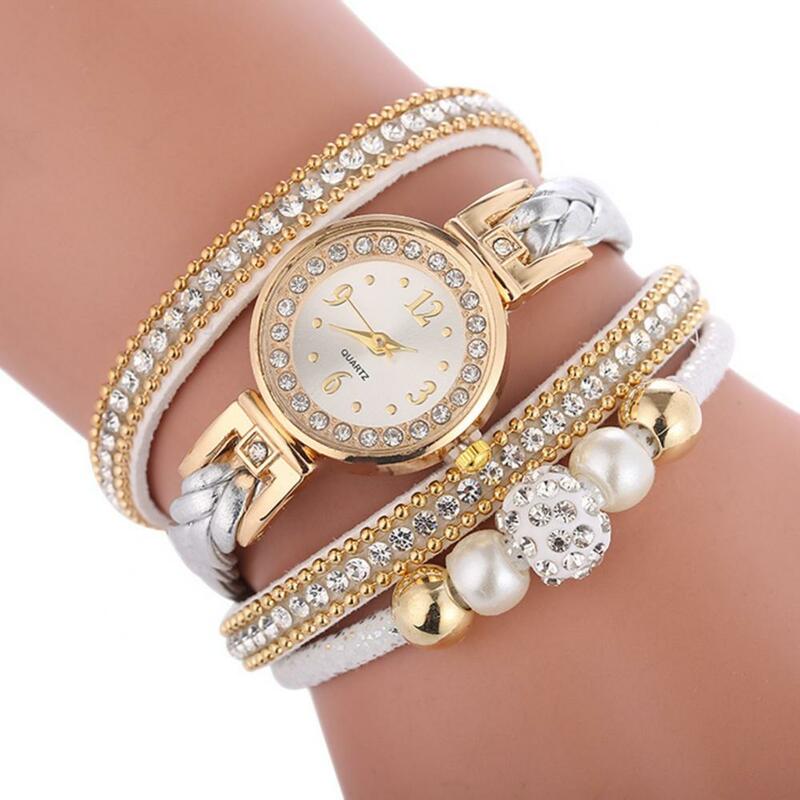 Women Rhinestone Bead Round Dial Snap Button Multi Layer Bracelet Quartz Watch Ladies Dress Watches Gift Luxury