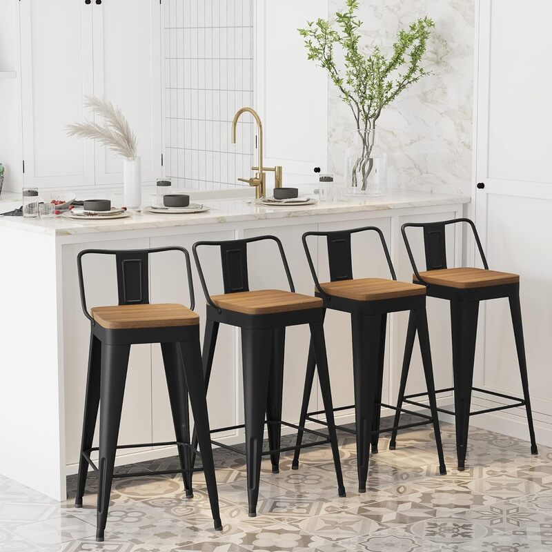 Metal Bar Stools Set of 4 Counter Height Bar Stools Barstools with Removable Back 24" Kitchen Bar Stools with Wooden Seat, Black