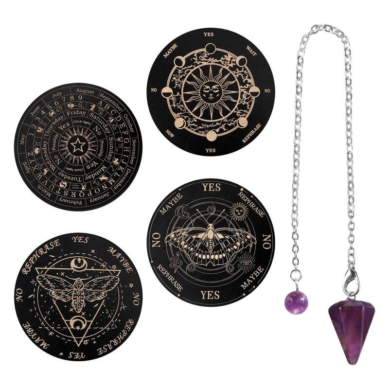 4Pcs Dowsing Divination Board Set Home Decor with Crystal Necklace Round Star Chart Mat Witchcraft Metaphysical Message Board