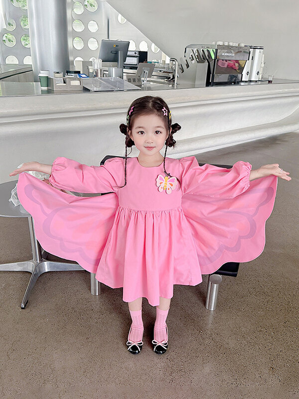 Spring Summer Baby Girls Dress 2024 New Kids Long sleeve Butterfly Wing Loose Casual Dresses Children Princess Costume Vestidos