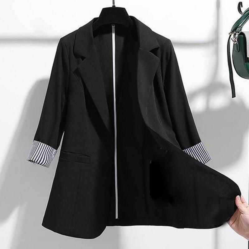 Casaco feminino com padrão de borda listrada, jaqueta de um botão, casaco elegante de comprimento médio, turn-down para o escritório