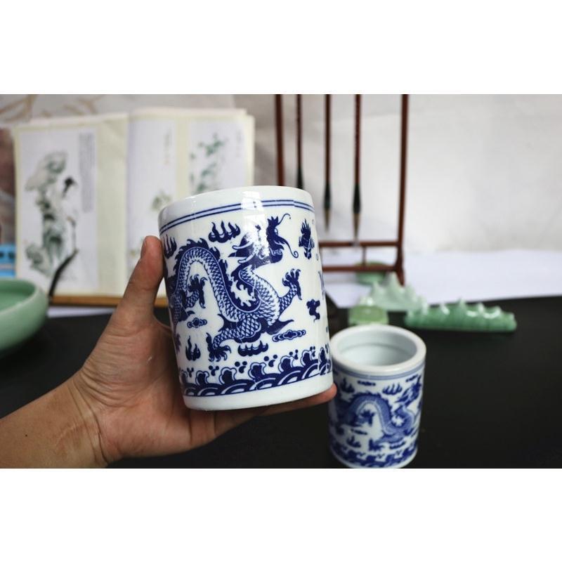 Pemegang pena porselen biru dan putih, tempat pena keramik porselen besar, sedang, dan kecil