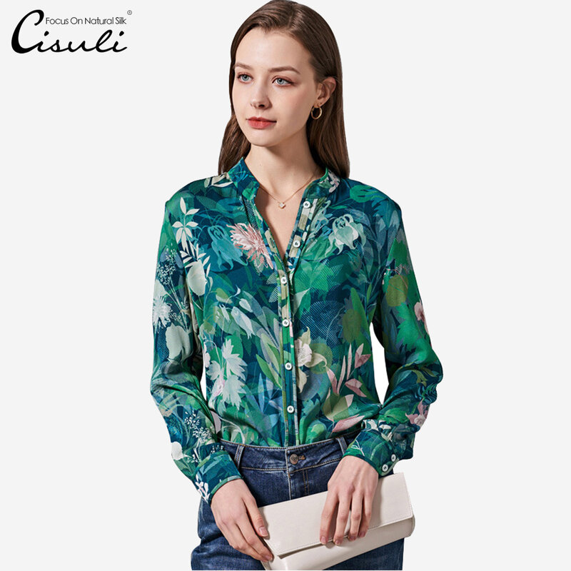 CISULI-통기성 실크 셔츠, 순수한 뽕나무 실크 긴 셔츠, 오피스 레이디 패션 스타일