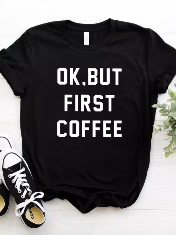 여성 티셔츠, OK, 첫번째 커피 글자 프린트 티셔츠, 여성 반팔 라운드넥 루즈한 티셔츠, 여성 캐주얼 티셔츠