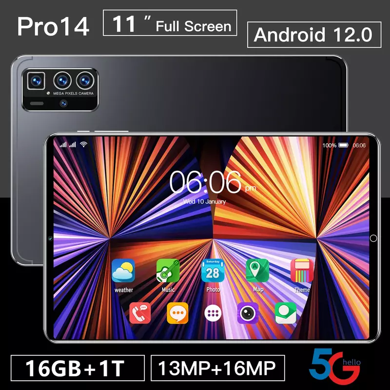 Tablet Android 12 Versão Global, 16GB de Ram 1T Rom, Dual SIM, 10 Core, WPS, GPS, Bluetooth, Rede 5G, Novo, 2022, 11"